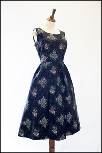 Vintage 1950s Black Floral Taffeta Dress