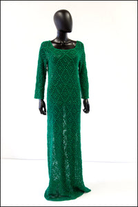 Vintage 1970s Green Metallic Crotchet Maxi Dress