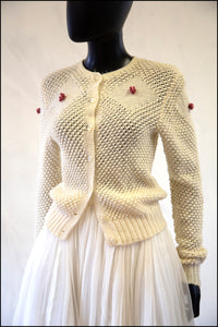 Vintage 1970s Cream Hand Knit Wool Rose Cardigan