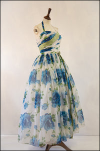 Vintage 1950s Blue Rose Ballgown Dress