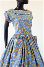 Vintage 1950s 'Painterly Rose' Blue Cotton Dress