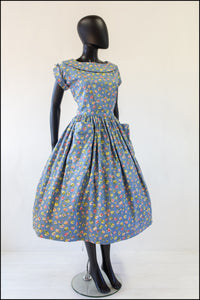 Vintage 1950s 'Painterly Rose' Blue Cotton Dress