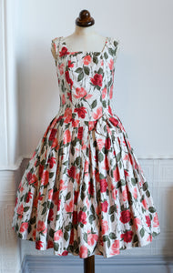 Vintage 1950s Rose Print Cotton Tea Dress