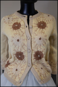 Vintage 1950s Cream Floral Embroidered Wool Cardigan