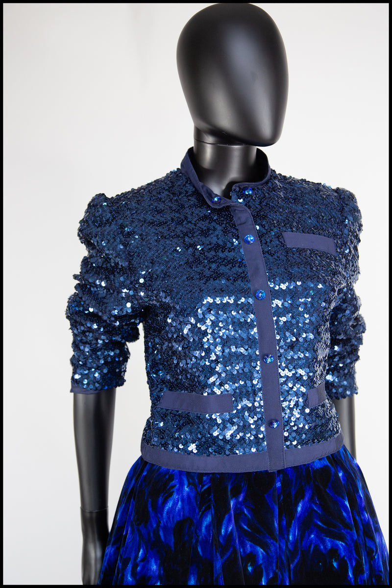 SALE Her Royal Highness // 1960s navy blue rhinestone paisley appliqué  sweater lg / xl