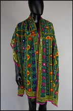Vintage 1970s Indian Phulkari Green Embroidered Silk Wrap Shawl