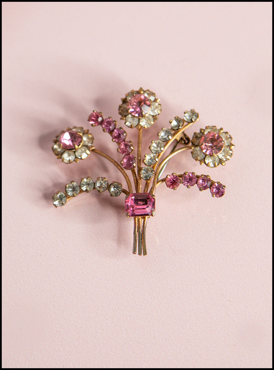 Magnifique Broche Vintage à Motifs Floraux, Strass, Roses Et Quartz Fumé – Parfait Pour Sublimer Une Tenue