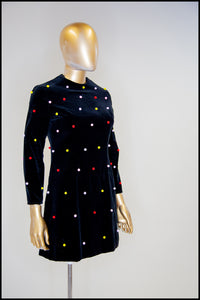 Vintage 1960s Velvet Rainbow Pom Pom Dot Mini Dress