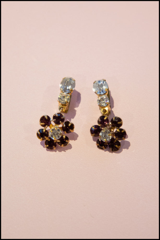 Vintage 1960s Purple Flower Rhinestone Earrings