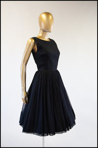 Vintage 1950s Black Silk Chiffon Midi Dress
