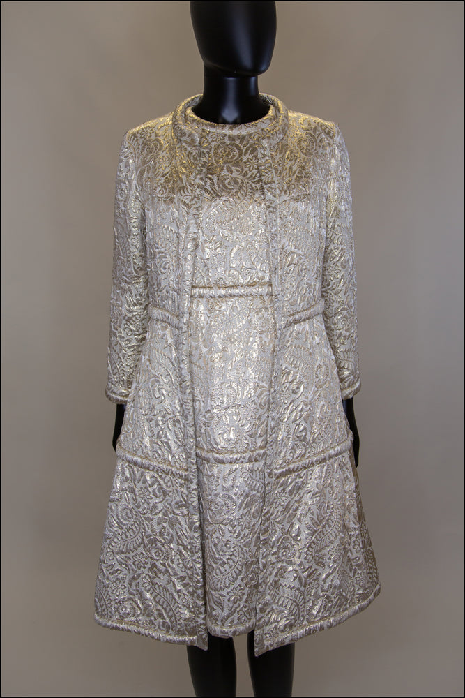 Vintage 1960s Gold Silk Dress and Coat Suit