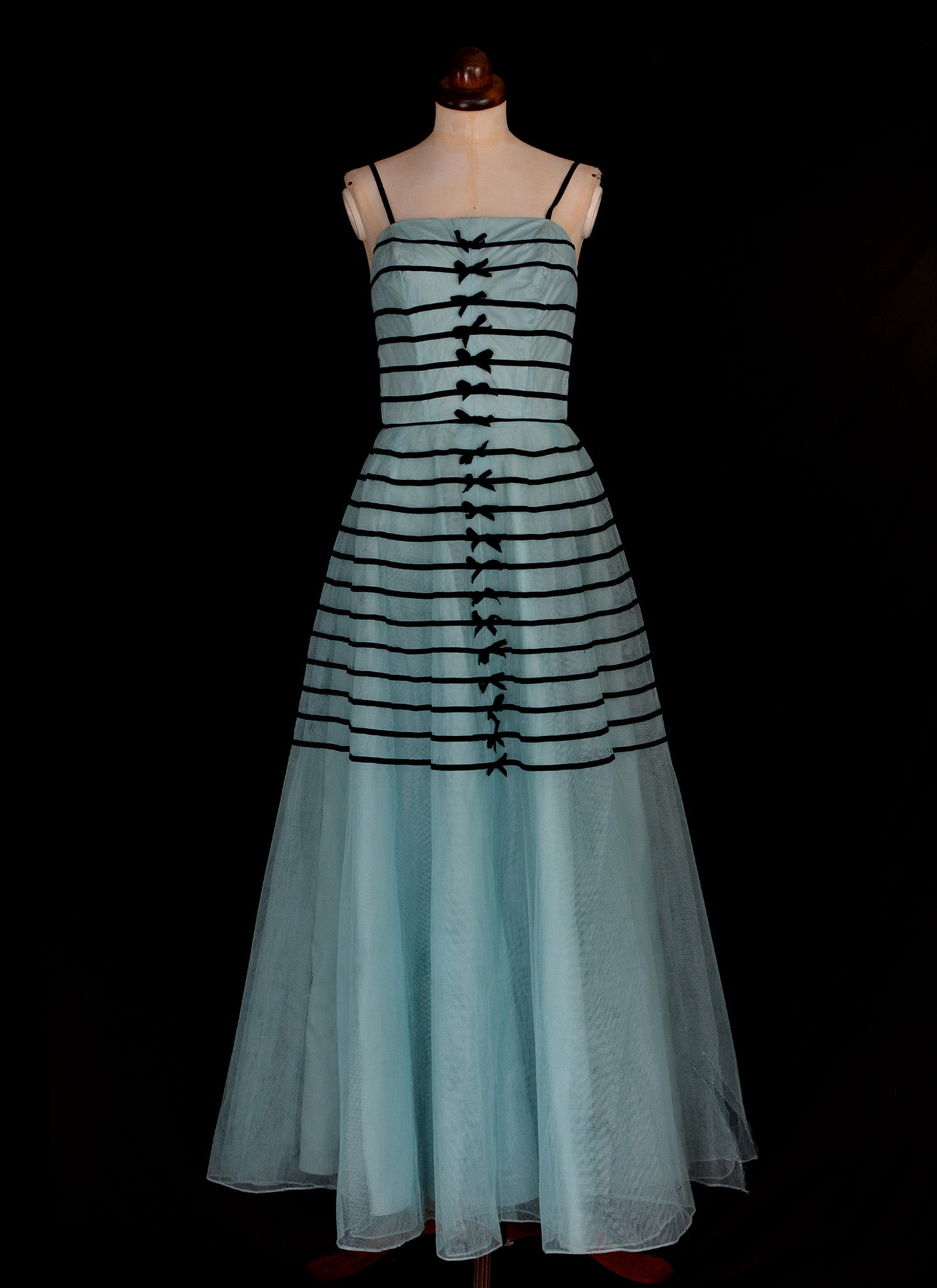 vintage 50s prom dress 1950s Blue Tulle Stripe – ALEXANDRA-KING Talla:Toy - XXS Yellow Silk Satin Bias Fabricated with blue cotton Sustainable Fabric Midi Dress