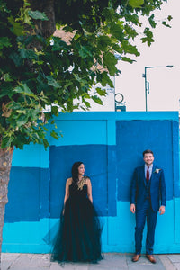 Charlotte's Black Tulle and Gold Feather Ballgown Wedding Dress