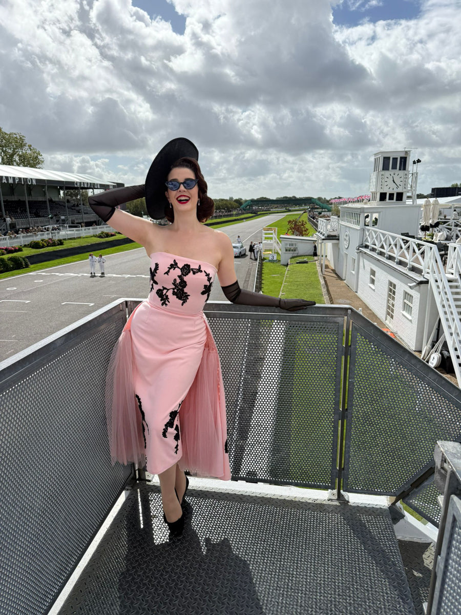 pink and black lace 1950s style dress goodwood revival alexandra king