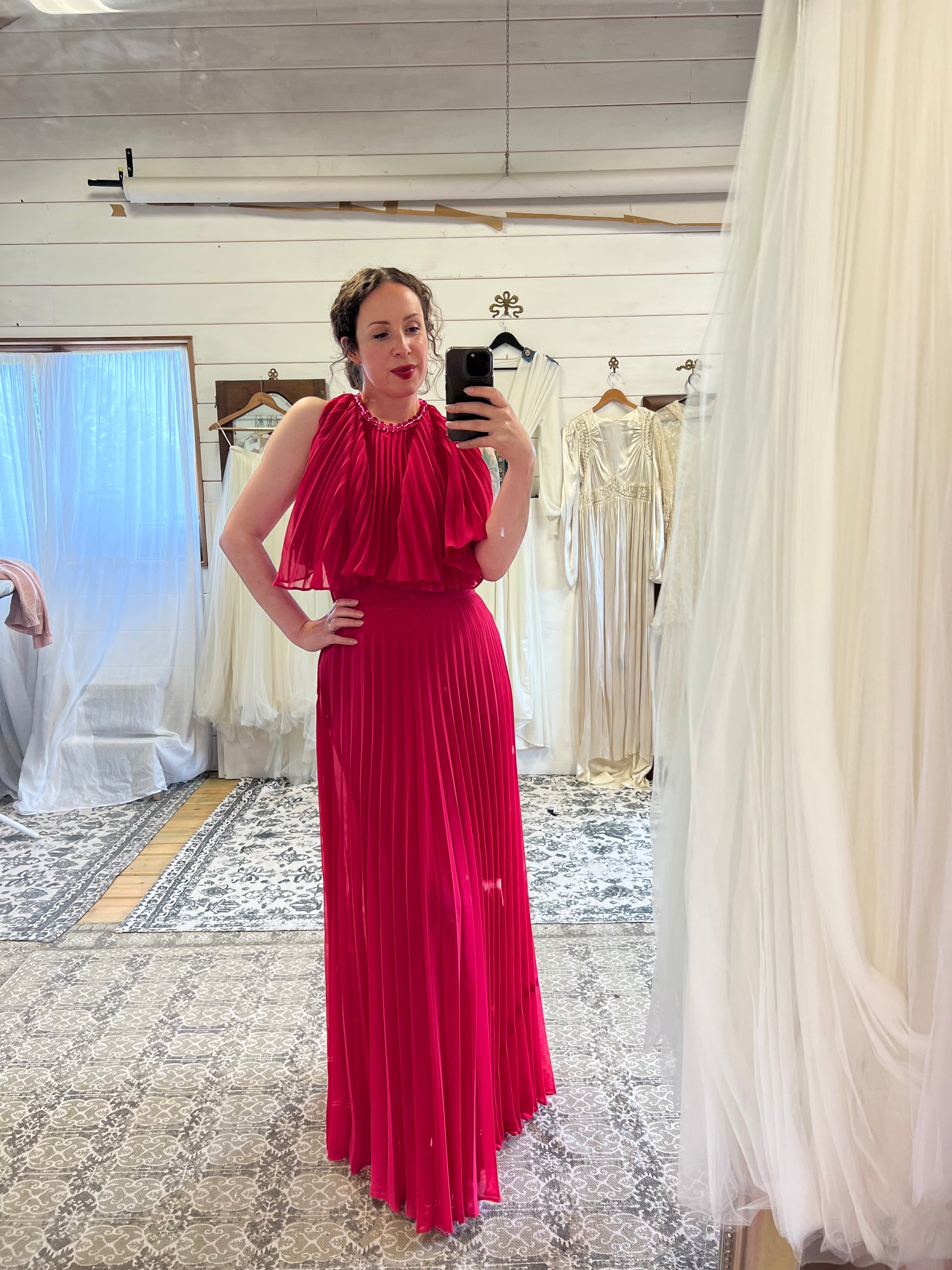 Vintage 1970s Hot Pink Chiffon Maxi Dress ALEXANDRAKING