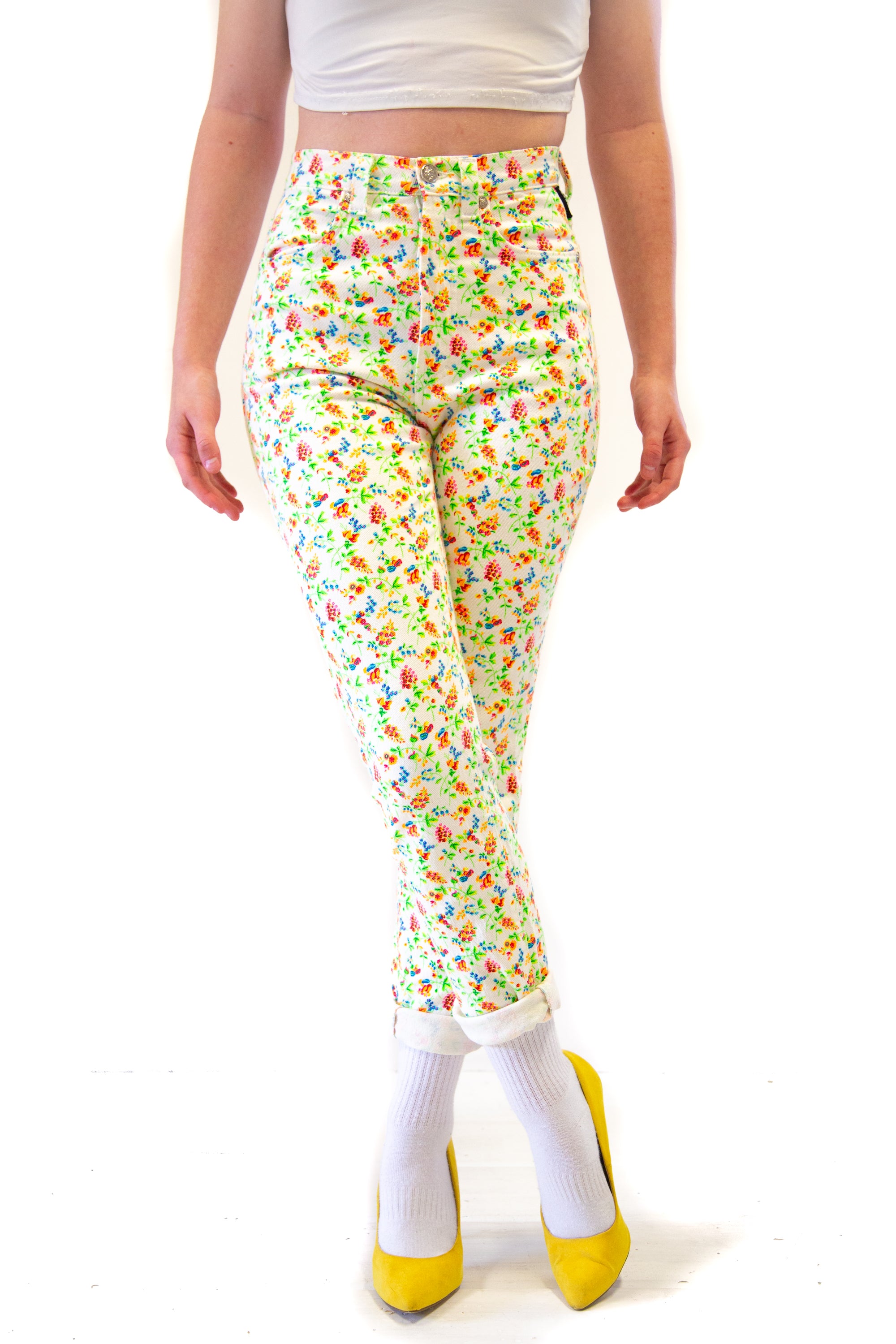 vintage versace high waist 1980s floral jeans Alexandra King 