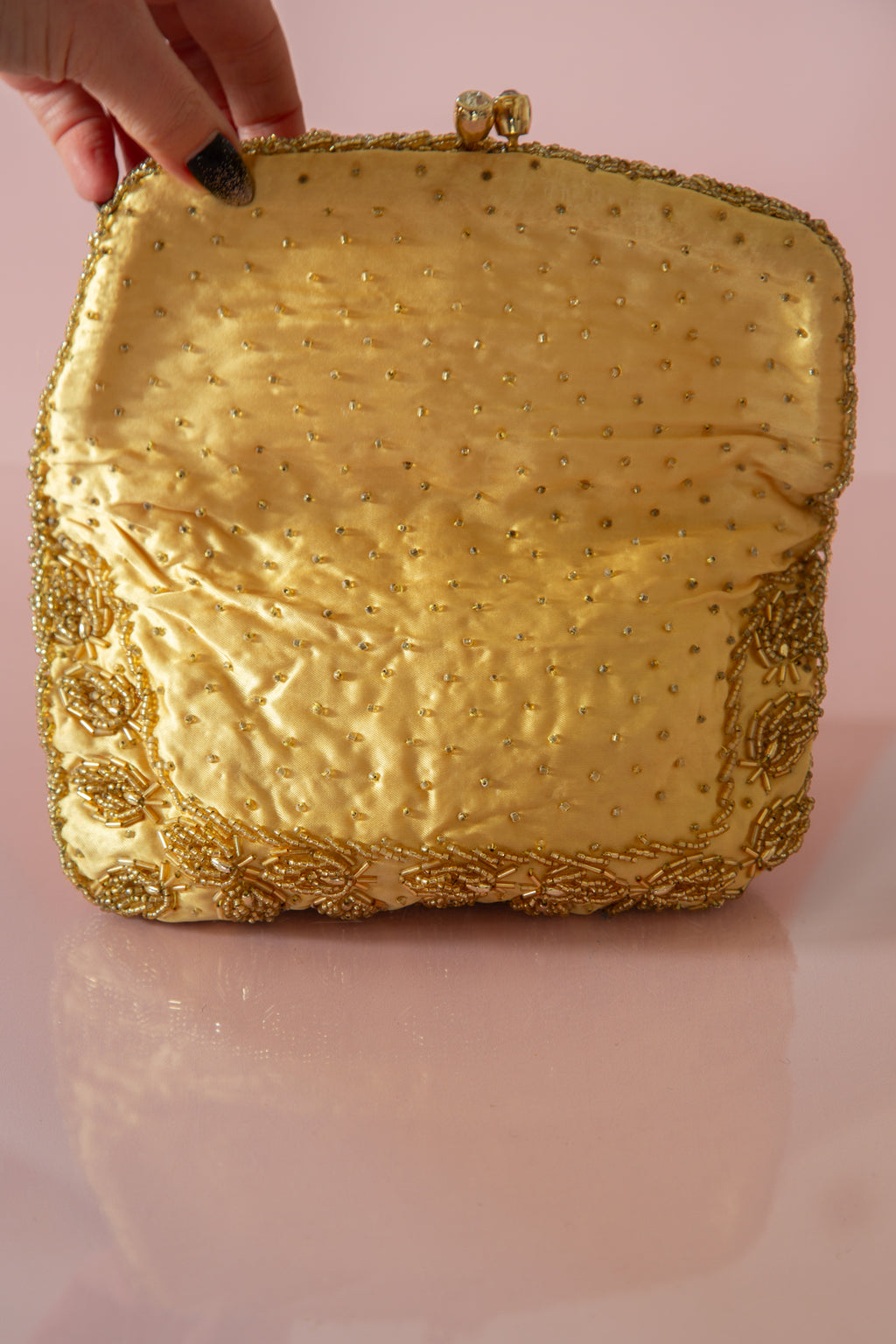 Vintage 1960s Gold Beaded Satin Purse