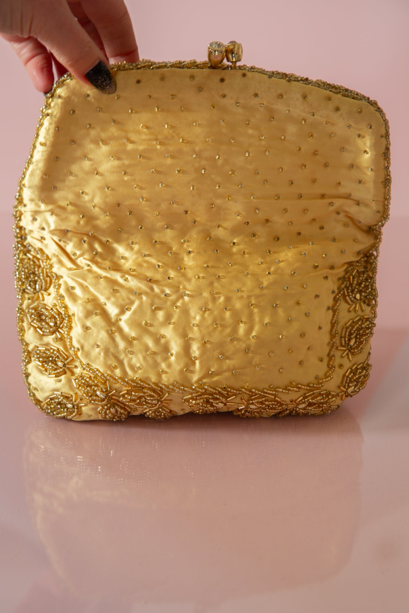 Vintage 1960s Gold Beaded Satin Purse