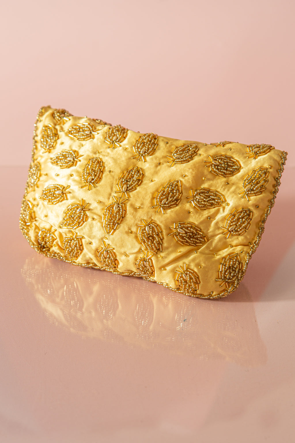 Vintage 1960s Gold Beaded Satin Purse