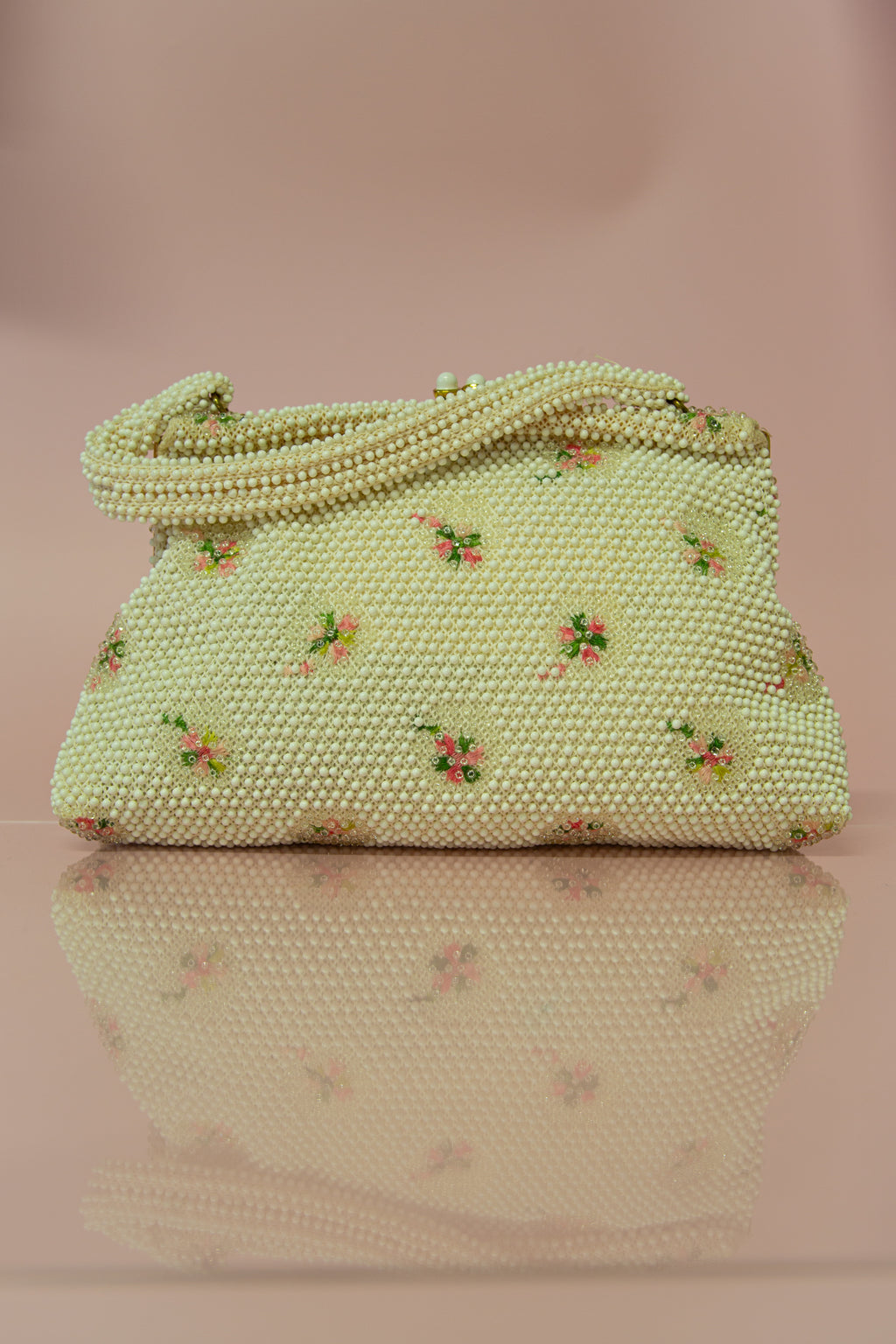 Vintage 1950s Ivory Floral Beaded Corde Bag