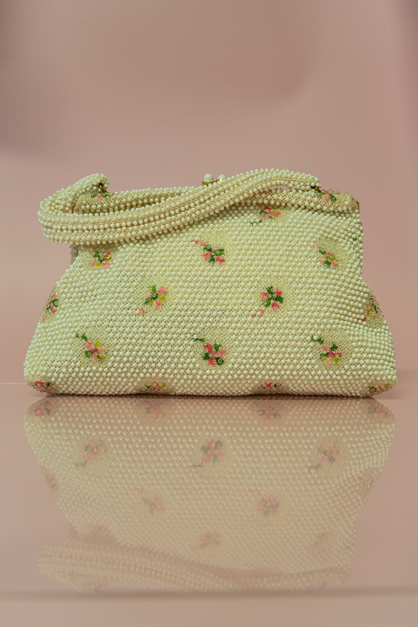 Vintage 1950s Ivory Floral Beaded Corde Bag