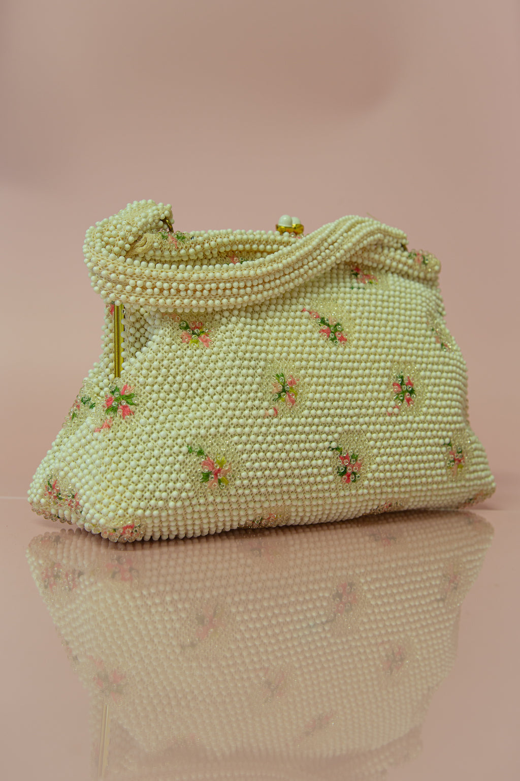 Vintage 1950s Ivory Floral Beaded Corde Bag