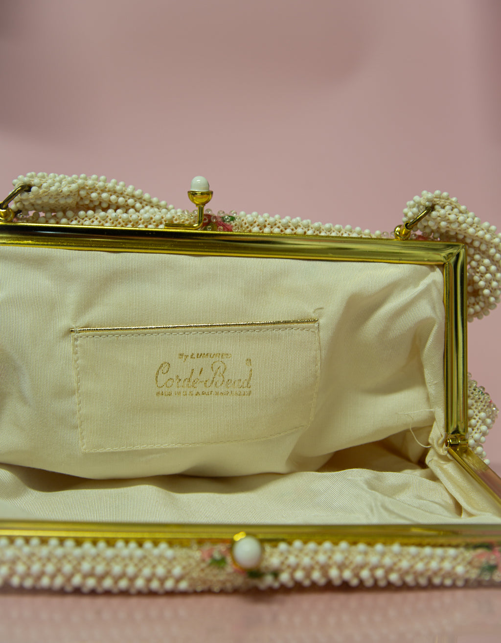 Vintage 1950s Ivory Floral Beaded Corde Bag