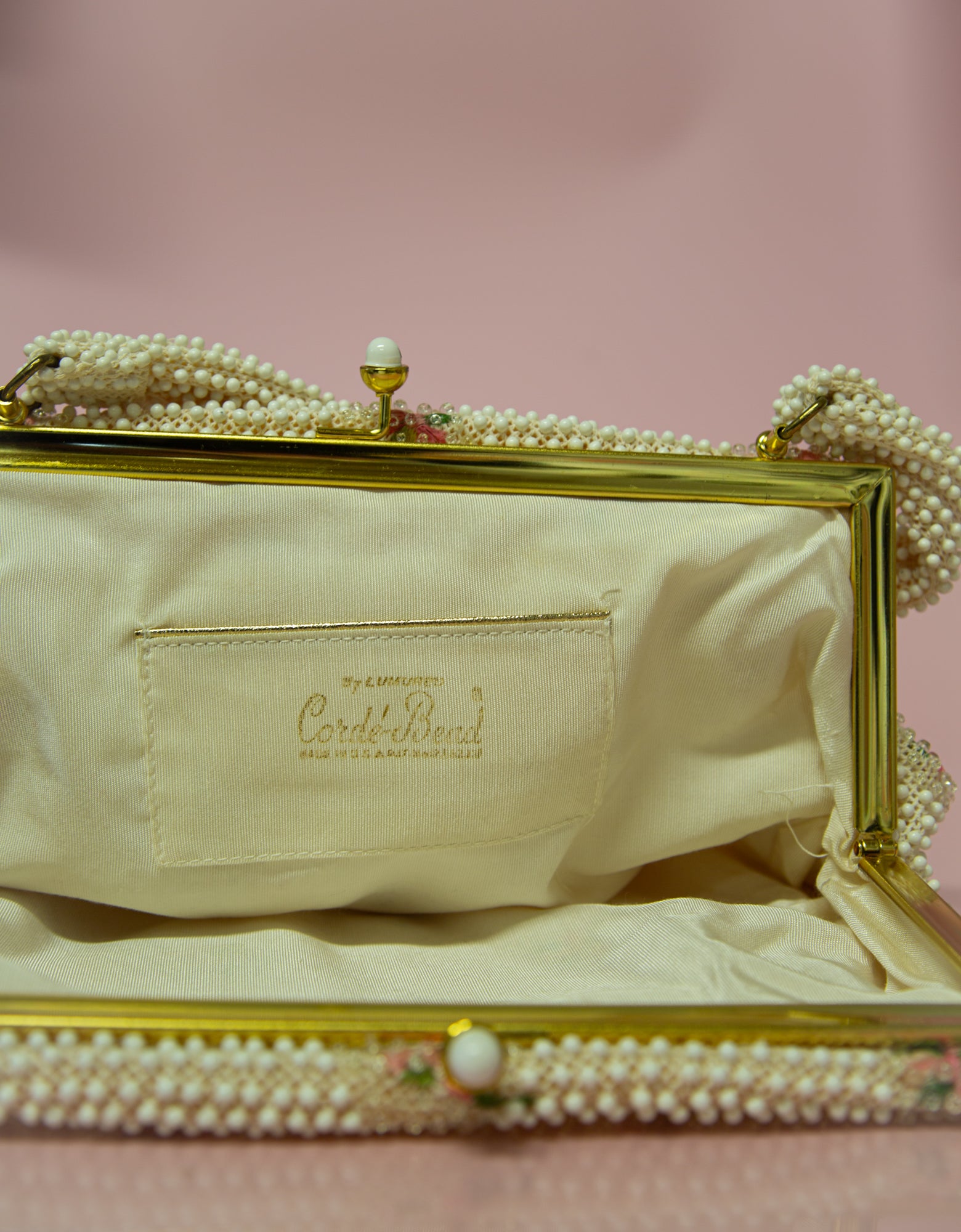 Vintage 1950s Ivory Floral Beaded Corde Bag