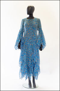 Vintage 1970s Blue Cotton Voile Maxi Dress