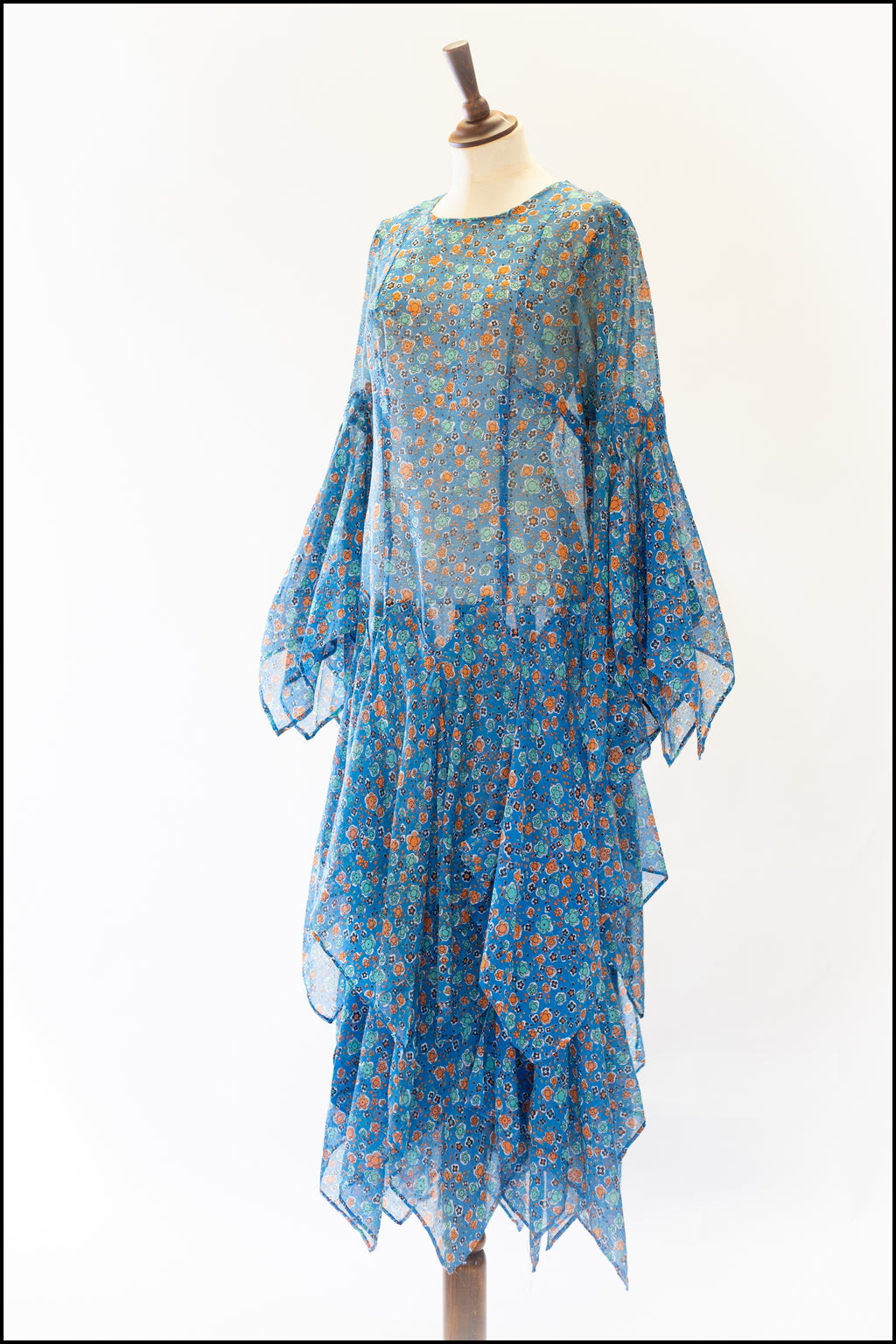 Vintage 1970s Blue Cotton Voile Handkerchief Dress