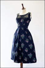 Vintage 1950s Black Floral Taffeta Dress