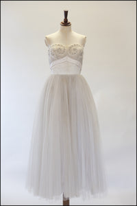 Vintage 1950s Oyster Tulle Beaded Dress