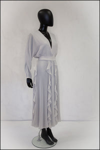 vintage grey pleated crepe Frank Usher 1980s dress Alexandra King 