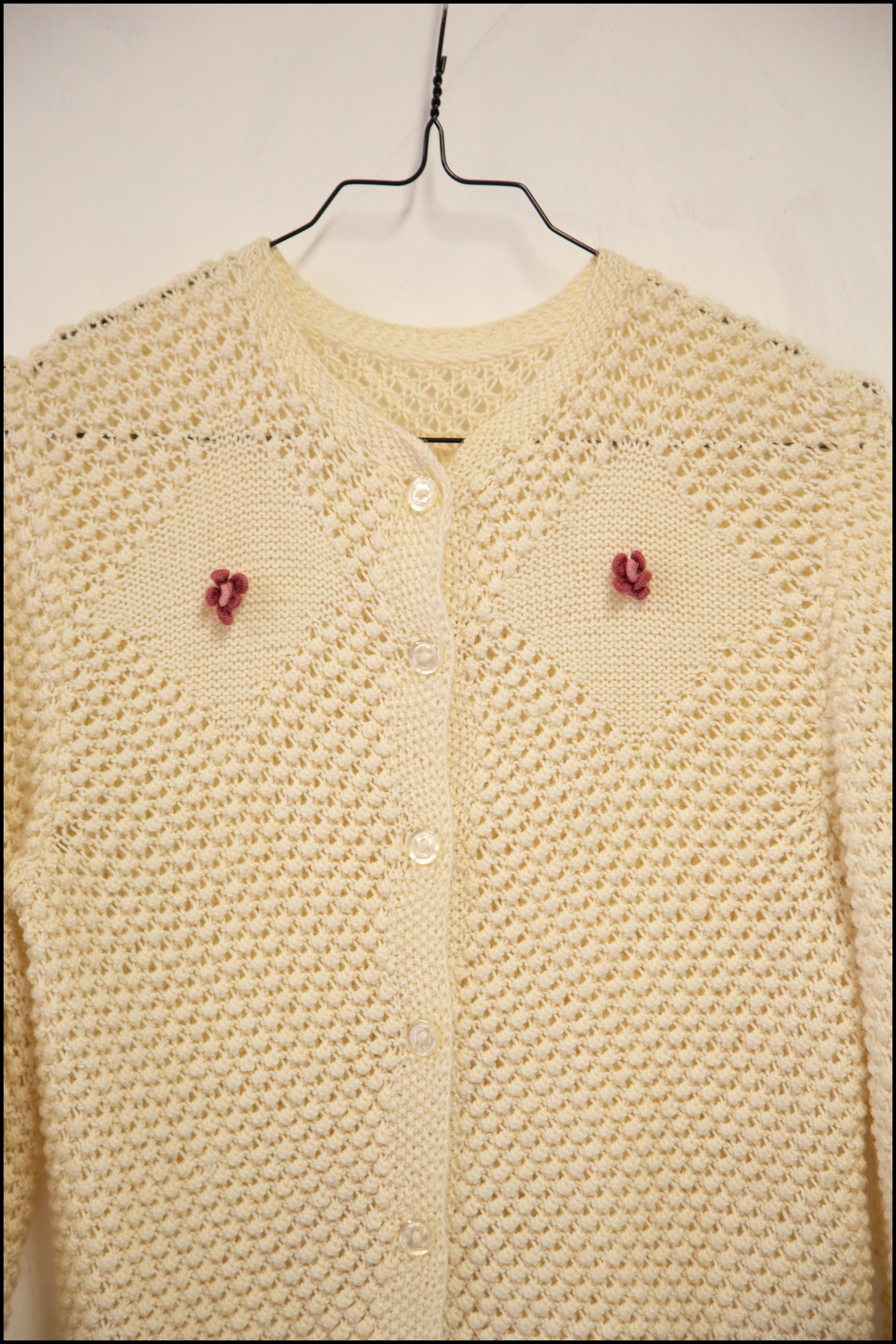 Vintage 1970s Cream Hand Knit Wool Rose Cardigan