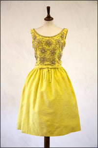 Vintage 1960s Yellow Silk Beaded Dress