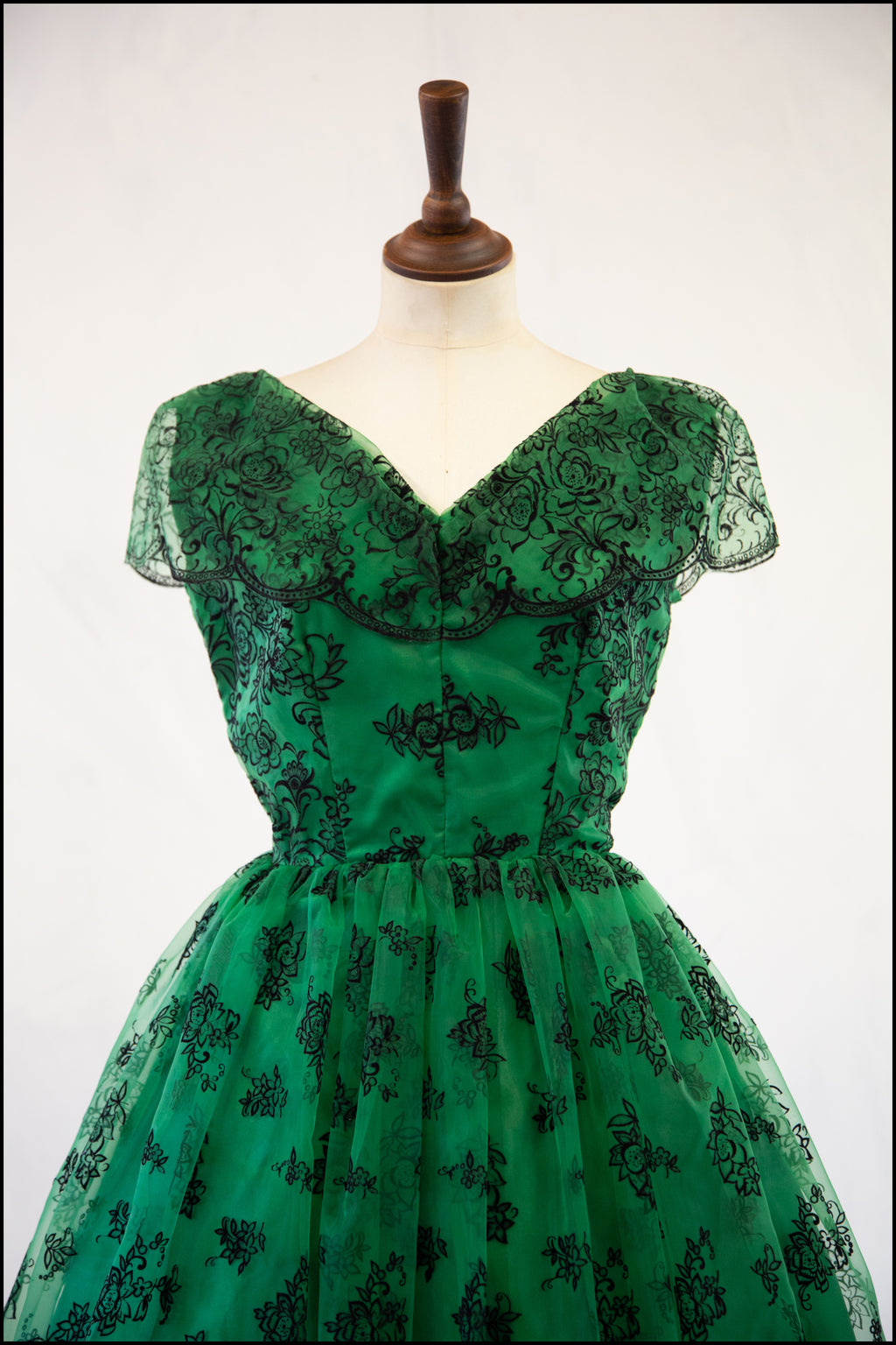 Vintage 1950s Green Flocked Cocktail Dress