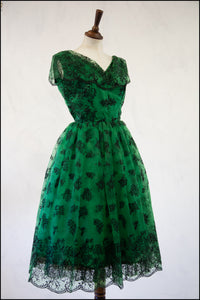 Vintage 1950s Green Flocked Cocktail Dress