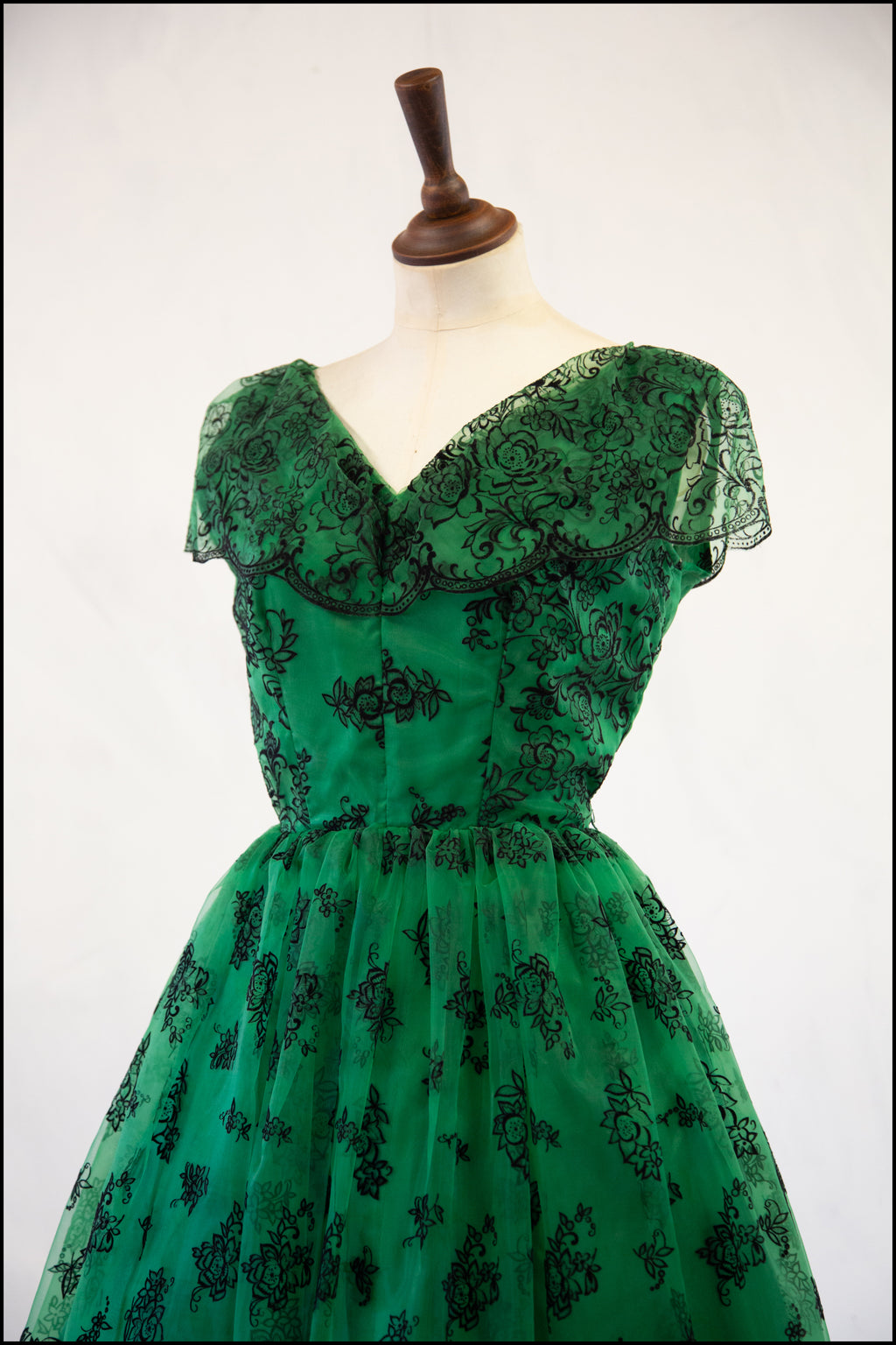 Vintage 1950s Green Flocked Cocktail Dress