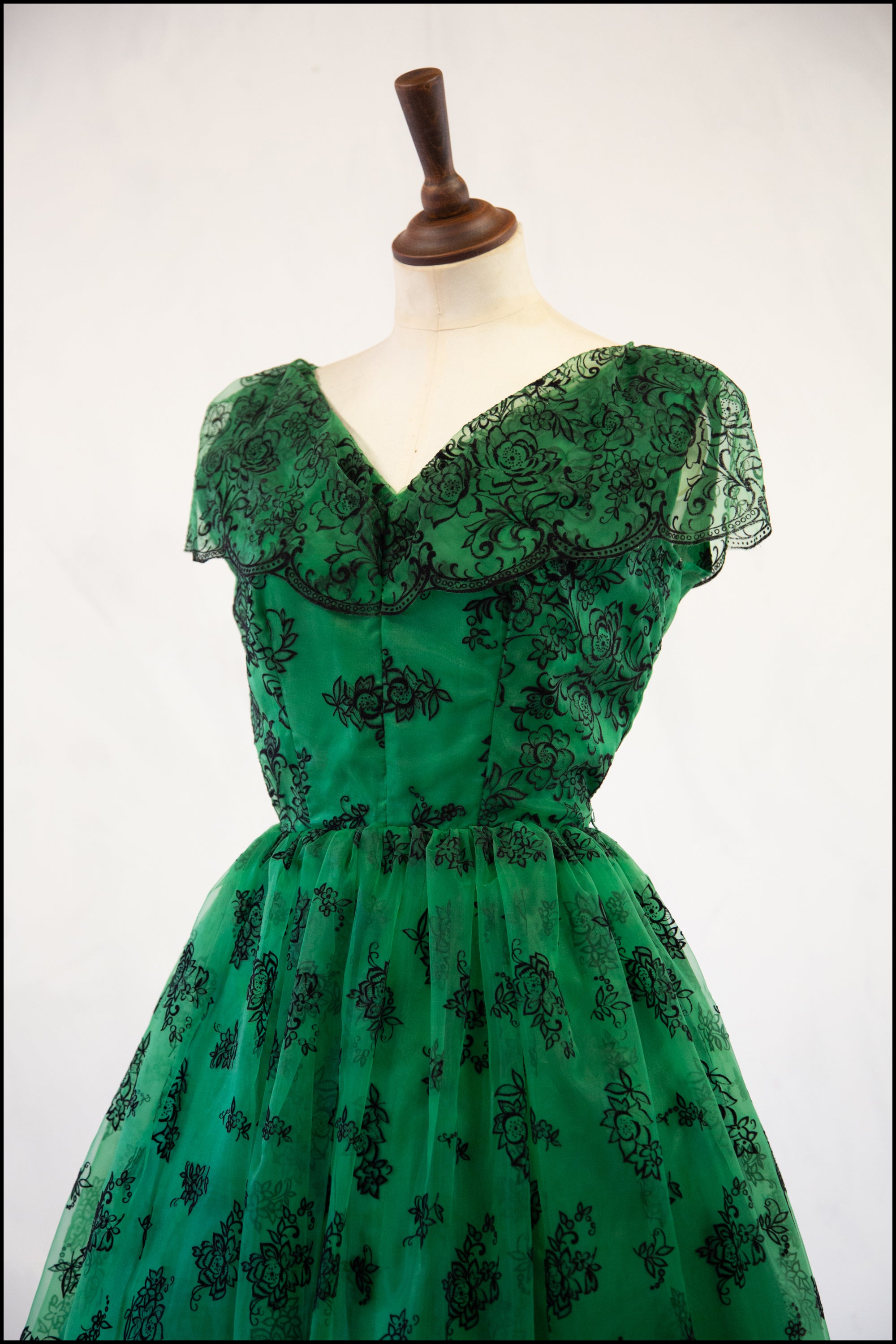 Vintage 1950s Green Flocked Cocktail Dress