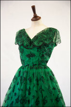 Vintage 1950s Green Flocked Cocktail Dress