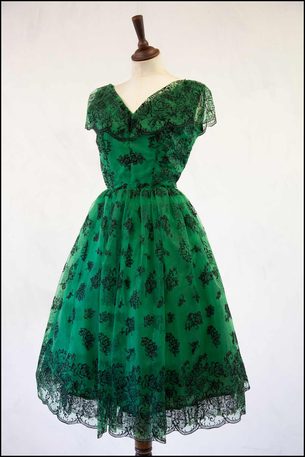 Vintage 1950s Green Flocked Cocktail Dress