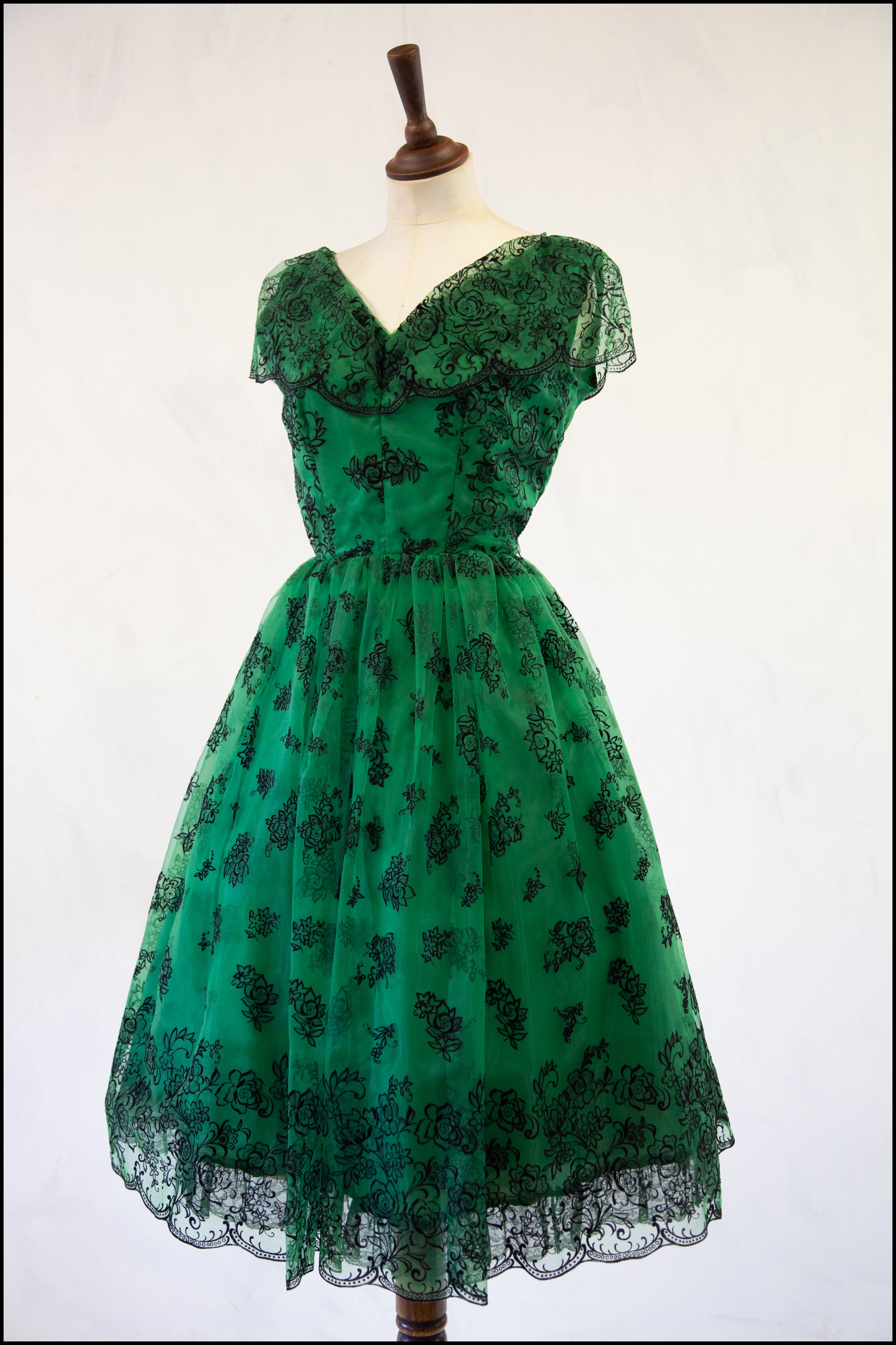 Vintage 1950s Green Flocked Cocktail Dress