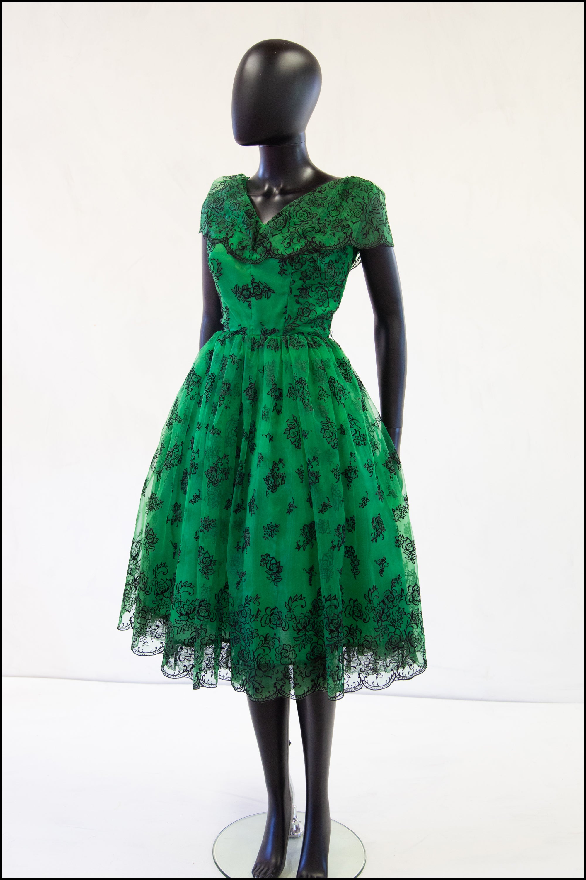 Vintage 1950s Green Flocked Cocktail Dress