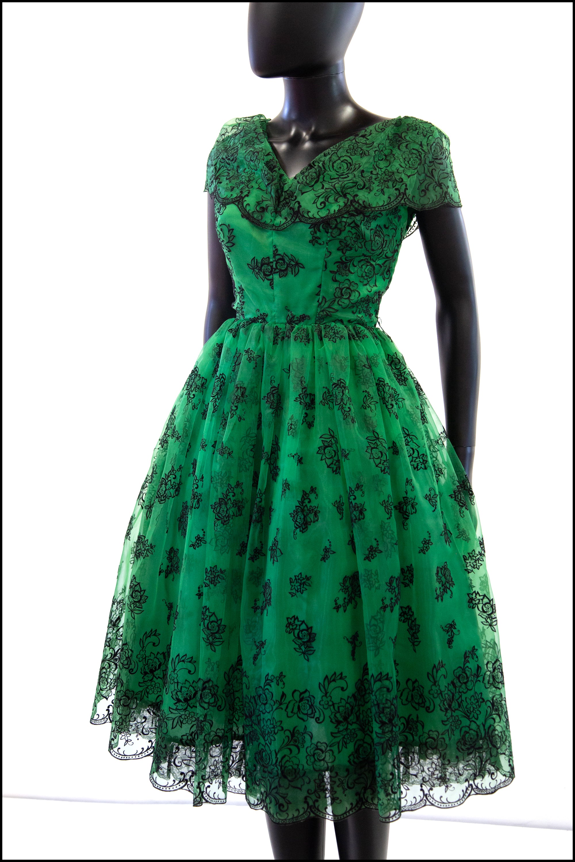1950s vintage green lace midi dress Alexandra King