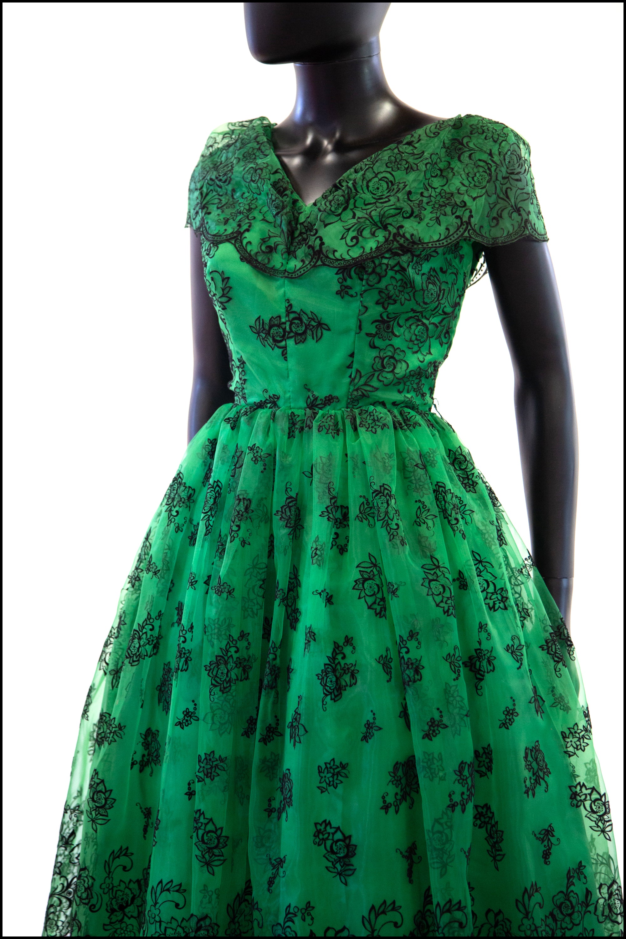 Vintage 1950s Green Flocked Cocktail Dress