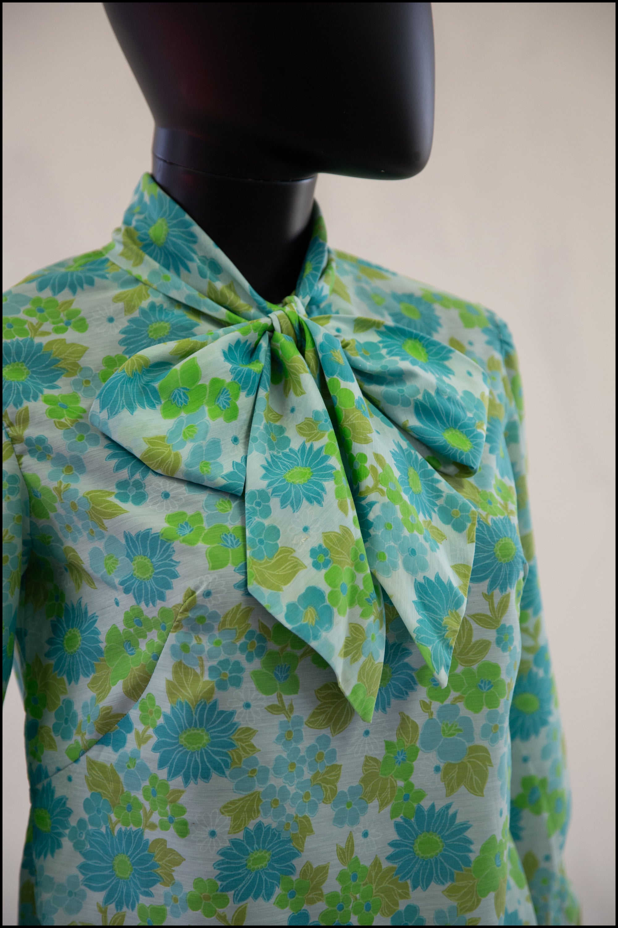 blue green 1970s floral pussy bow blouse Alexandra King