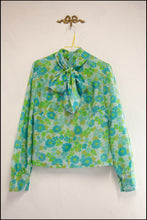 blue green vintage floral bow shirt blouse vintage 1970s Alexandra King