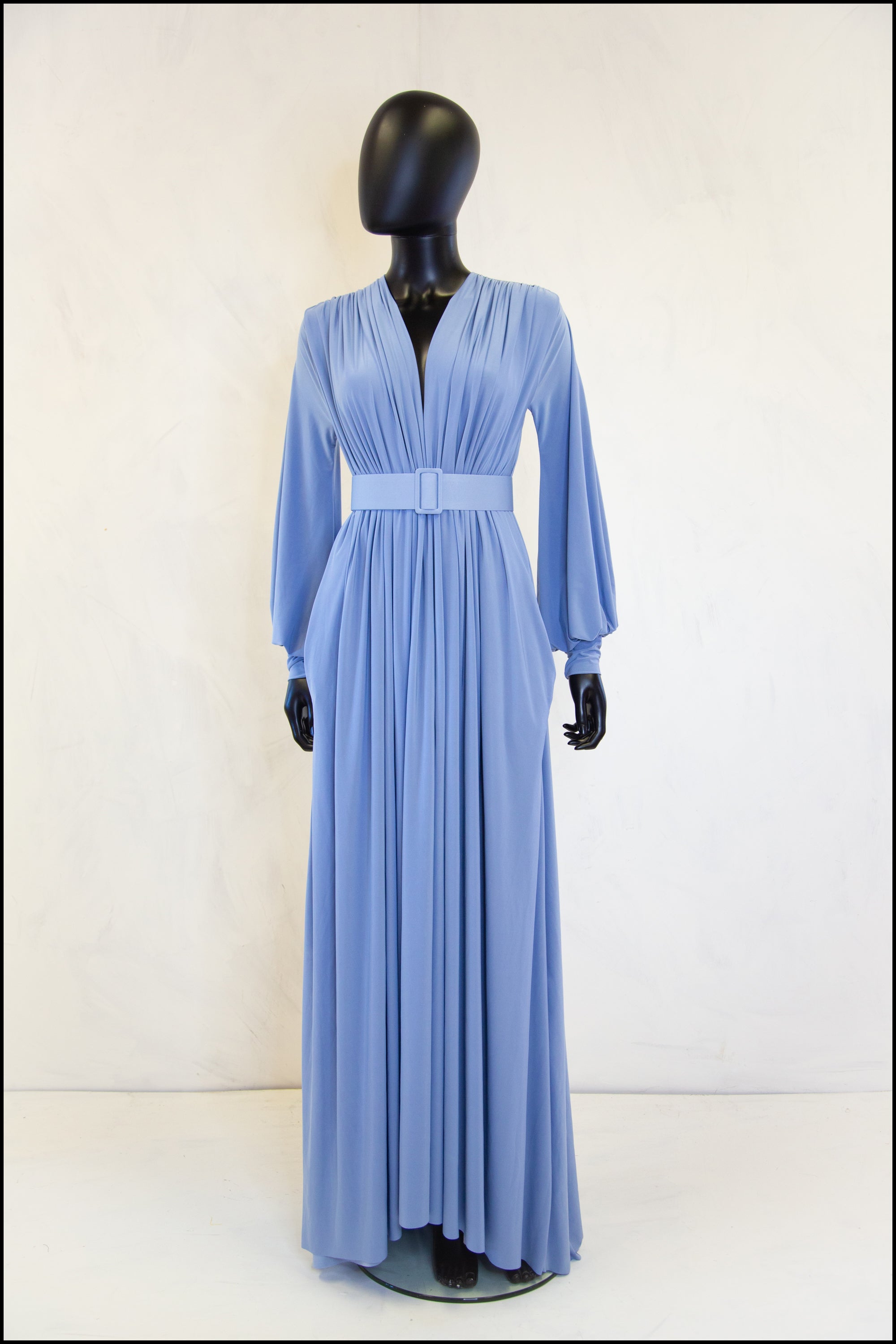 dusky blue maxi dress with bishop sleeves by Alexandra King