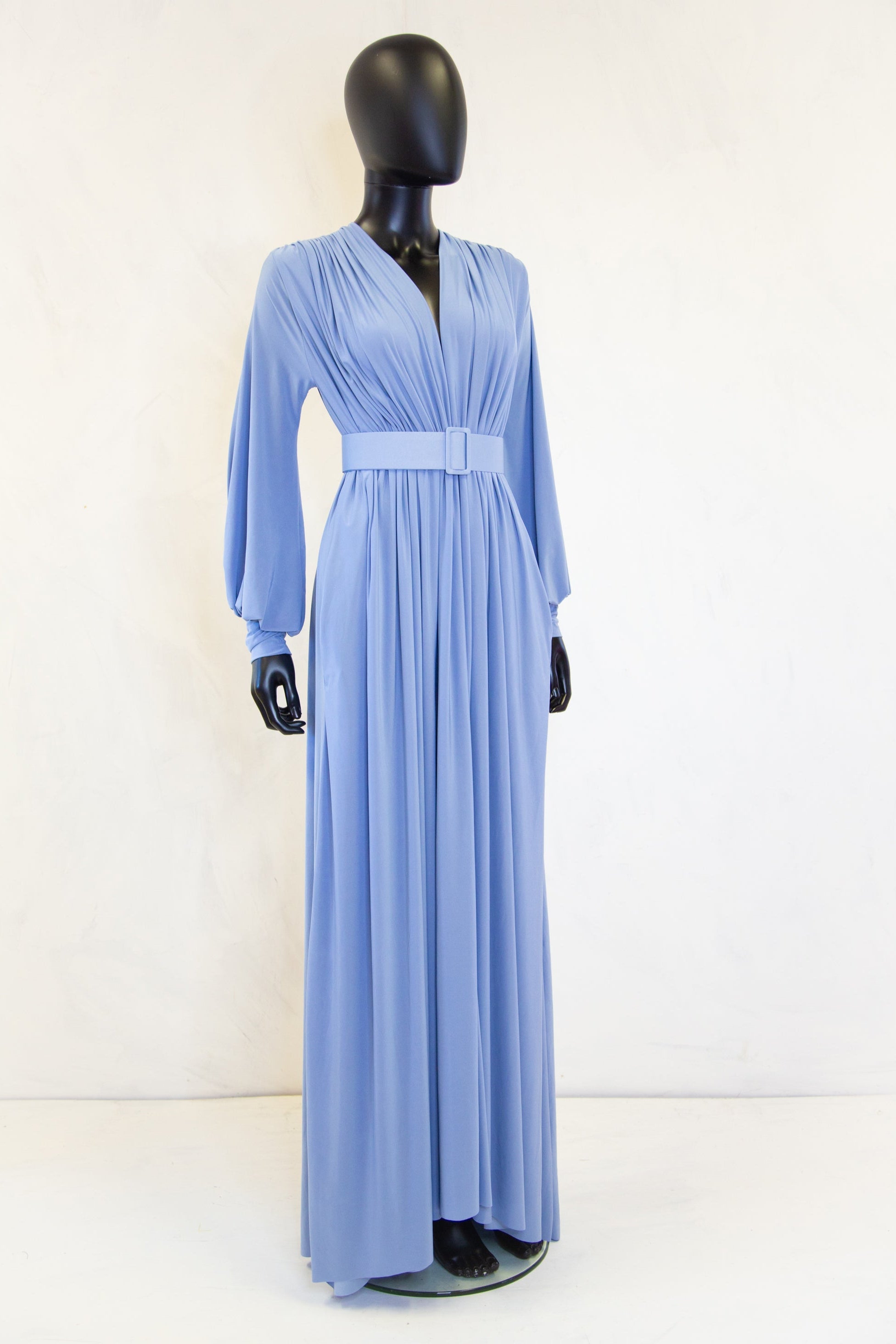 dusky blue maxi dress with bishop sleeves by Alexandra King