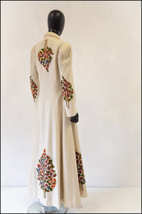 Antique Arts and Crafts Cream Embroidered Wool Maxi Coat